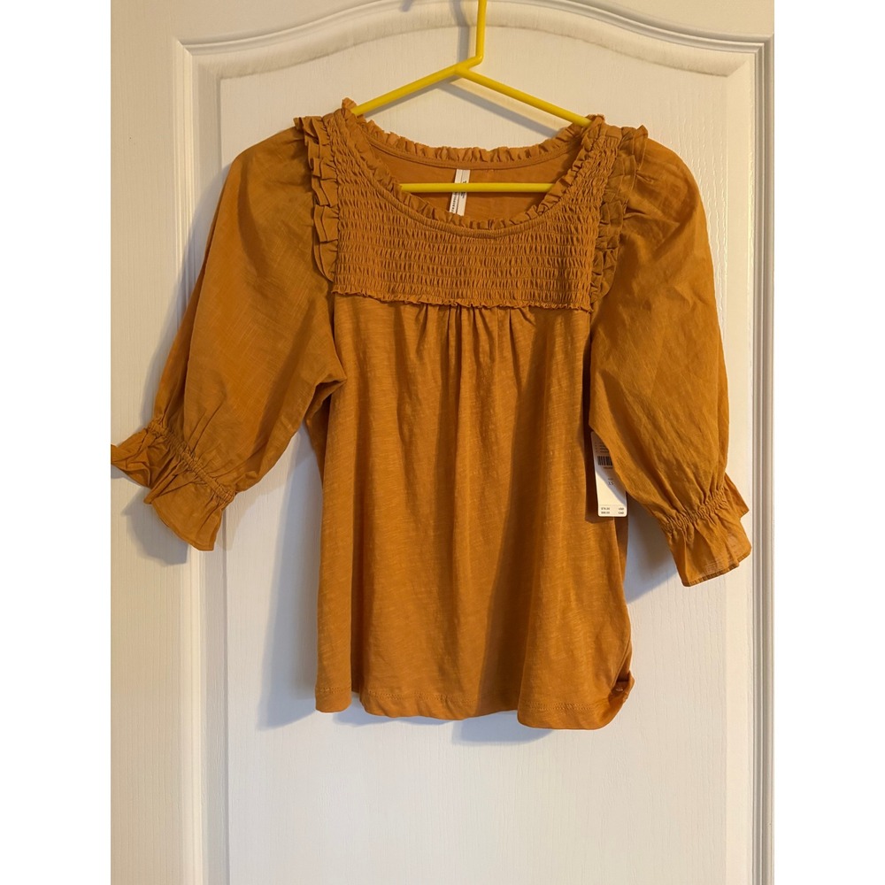 Anthropologie Smocked Ruffle Puff Sleeve Top Mustard Yellow XS New Boho Cottage